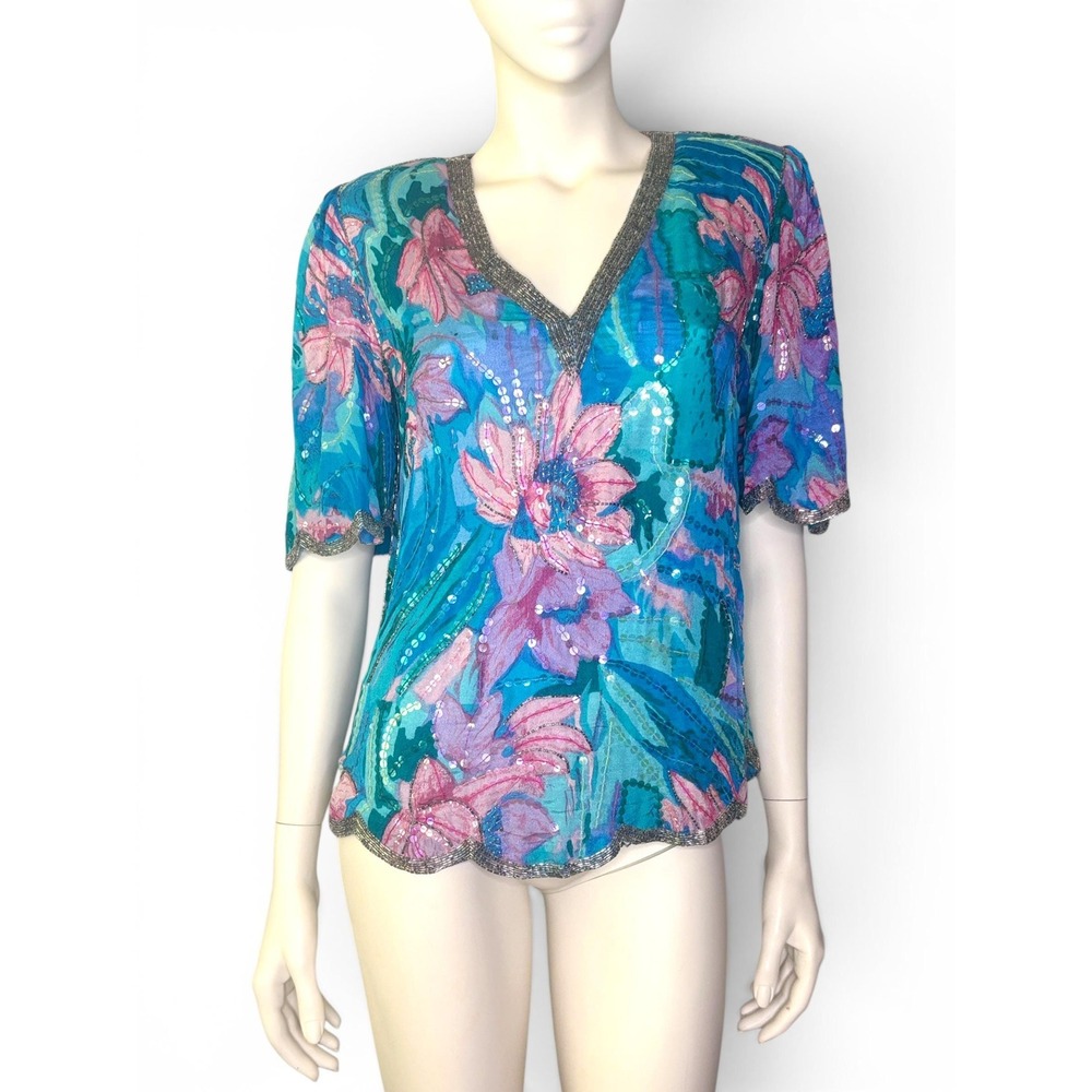 Judith Ann Creations Vintage Silk Floral Hand Beaded Aqua and Pink Top